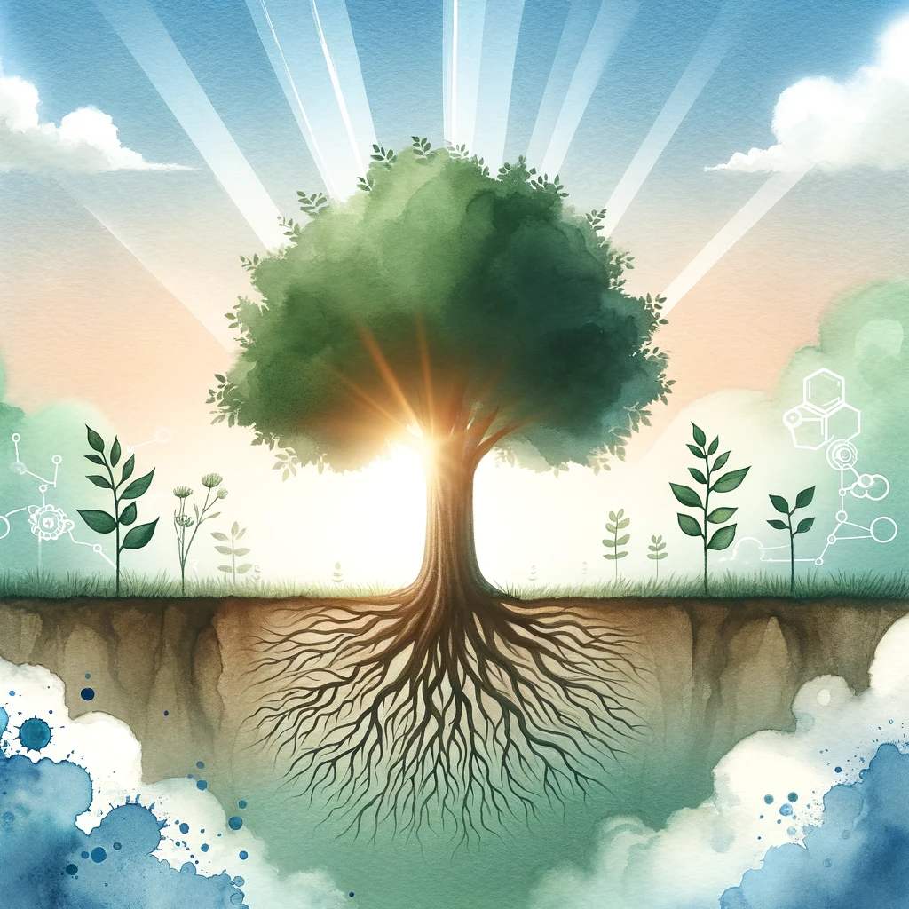 A soft watercolor painting depicting the transition to engineering management. The background has a gradient from light blue at the top to light green at the bottom. In the center, a tree grows out of the ground, representing growth and development. The tree has strong, deep roots symbolizing technical skills and experience, a solid trunk for the transition phase, and branches. Gentle sun rays come from the top right corner, symbolizing enlightenment and guidance, and soft clouds are in the background, creating a calm and supportive environment. Watercolor splashes around the tree add an artistic touch. No people, text, or icons are included.